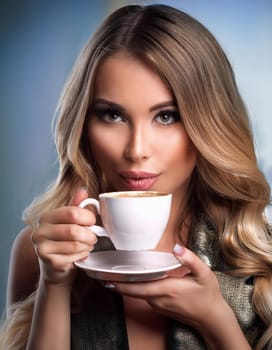 pretty young woman drinking coffee or tea, AI generated image