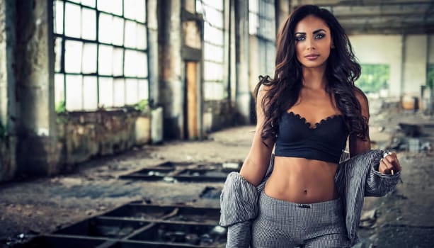 gorgeous young woman in abandoned factory ruins, AI generated image