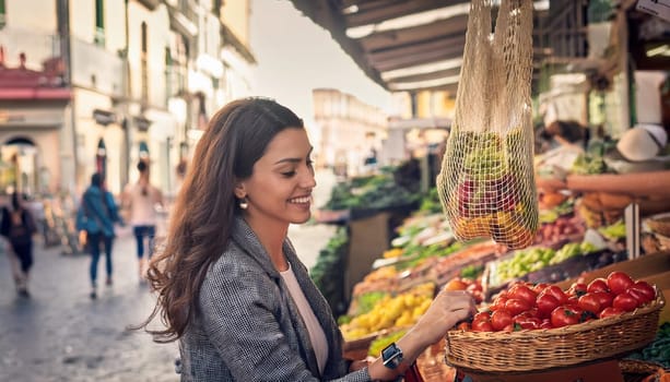 woman shopping at food market place, AI generated image