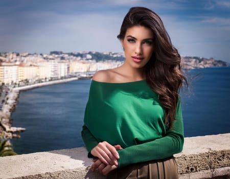 gorgeous woman in a green dress, AI generated image