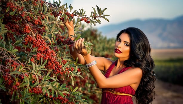 gorgeous young woman picking berries, AI generated image