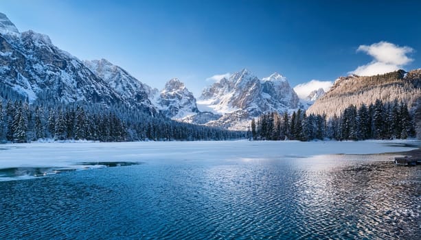 winter alpine mountains natural landscape with iced lake, AI generated image