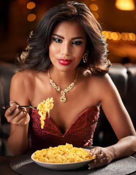 gorgeous young woman eating macaroni cheese, AI generated image