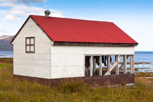 Fish Drying Hut at North Iceland Sea Coast. Horizontal shot