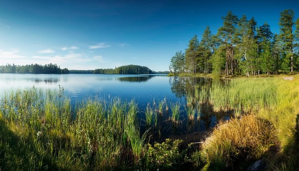 finnish lake landscape with birch trees, AI generated image