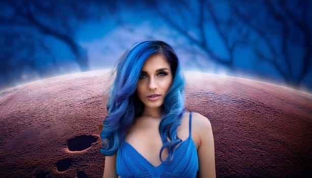 pretty young alien woman in blue dress and hairs, AI generated image