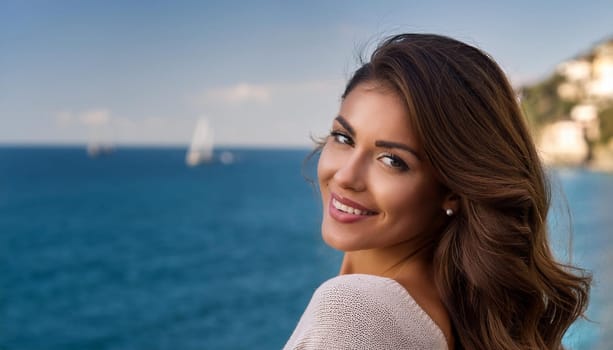 pretty young woman by the sea, AI generated image