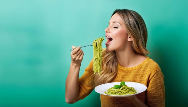 pretty young woman eating spaghetti al pesto, AI generated image