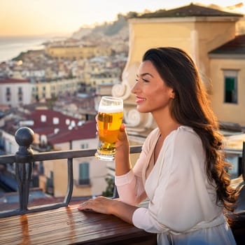 gorgeous young woman drinking beer, AI generated image
