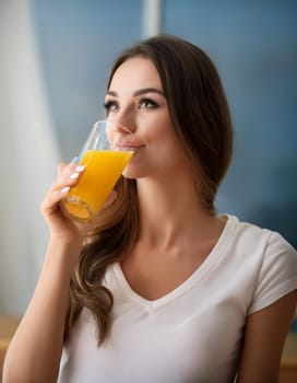 pretty young woman drinking orange juice, AI generated image
