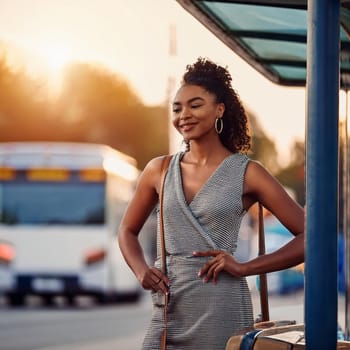 pretty young woman waiting for transport at bus stop, AI generated image