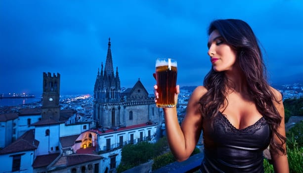 pretty young goth woman drinking dark beer, AI generated image