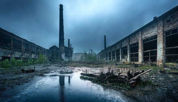 industrial ruins of abandoned factory, AI generated image