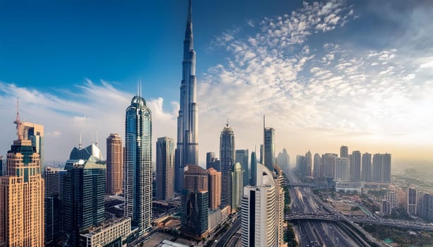 modern city skyline with skyscrapers, AI generated image