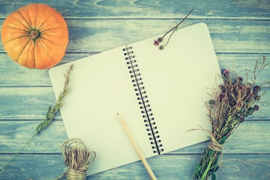 Top view of autumn orange pumpkins and dry flowers with grass thanksgiving background over blue toned wooden table with notebook mock up and copy space in rustic style, template for text
