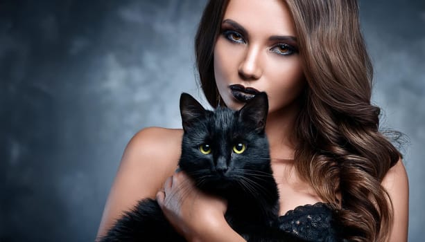 gorgeous young goth woman with black cat, AI generated image