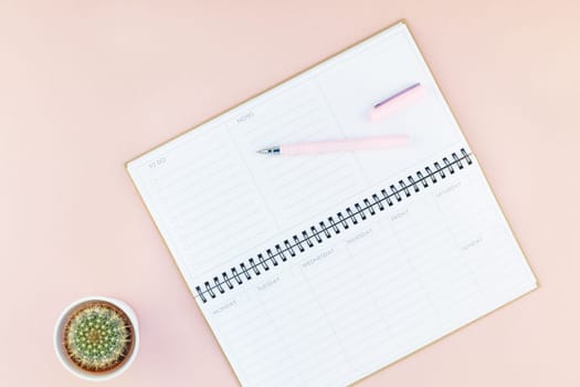 Top view flat lay of workspace desk styled design office supplies and cactuses succulents with copy space millennial pink color paper background minimal style. Template for feminine blog social media