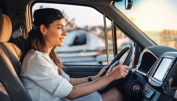 gorgeous young woman driving a van, AI generated image