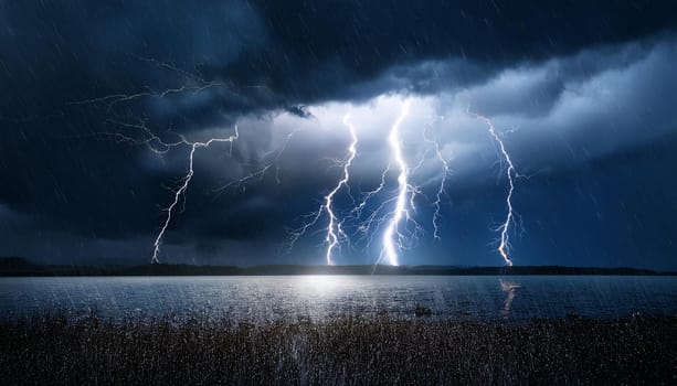 stormy weather at night with lightning, AI generated image