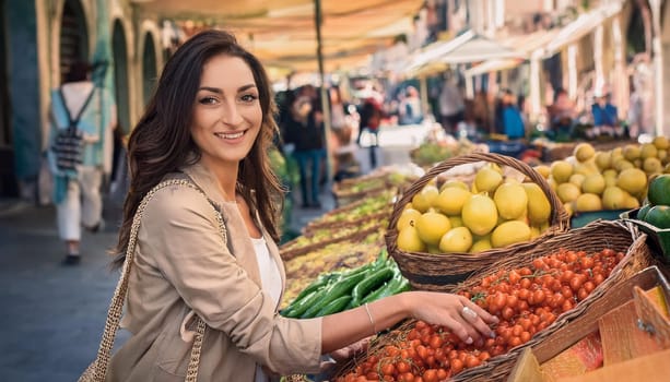 woman shopping at food market place, AI generated image