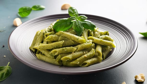 vegetarian pesto pasta dish, AI generated image