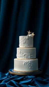 Three-tier white wedding cake with celestical decorations on dark blue solid background, copy space, AI Generated