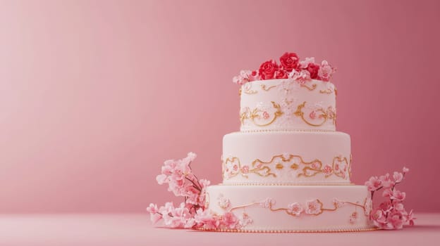 Wedding cake with beautiful flowers on solid pastel color background, copy space, AI Generated