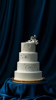 Elegant tiered wedding cake with white natural decor, dark background, copy space, AI Generated