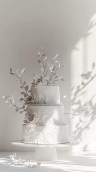 Wedding cake with beautiful flowers on solid pastel color background, copy space, AI Generated