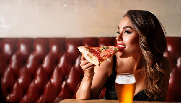 gorgeous young woman eating pizza margherita and drinking beer, AI generated image