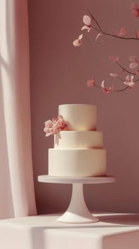 Wedding White tiered cake with pink blossom on pastel background, copy space, AI Generated