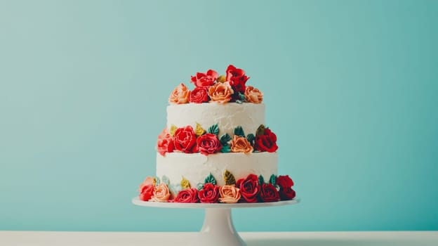 Tiered native wedding cake decorated with ornate gold accents and hearts, color background, AI Generated