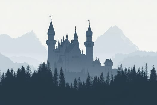 The silhouette of Neuschwanstein Castle rises majestically amidst a tranquil forest and distant mountains, illustrating a blend of architecture and nature.