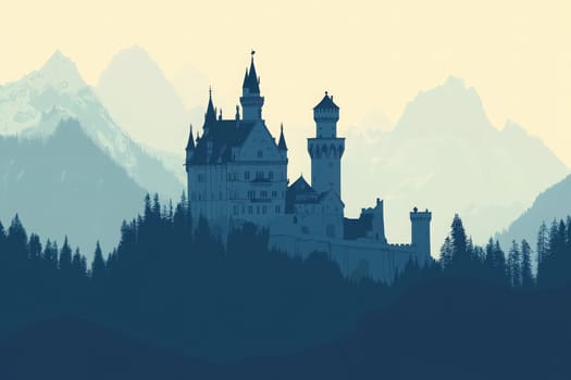 Neuschwanstein Castle rises majestically against a backdrop of soft mountains and trees, showcasing its architectural beauty in a tranquil, minimalist design under a fading sky.