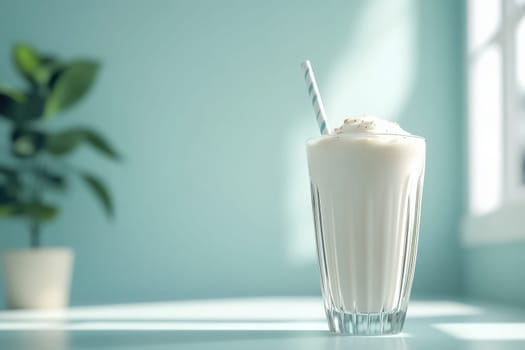 A minimalist milkshake glass filled with creamy white milkshake sits on a table in a brightly lit kitchen. A striped straw extends from the shake, with a backdrop of greenery and soft light.