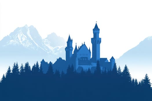 This artwork showcases a minimalist interpretation of Neuschwanstein Castle, highlighting its iconic towers and structures.