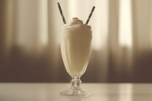 A clean and modern glass holds a creamy milkshake topped with whipped cream, accompanied by two striped straws. The background softly blurs, creating a serene atmosphere.