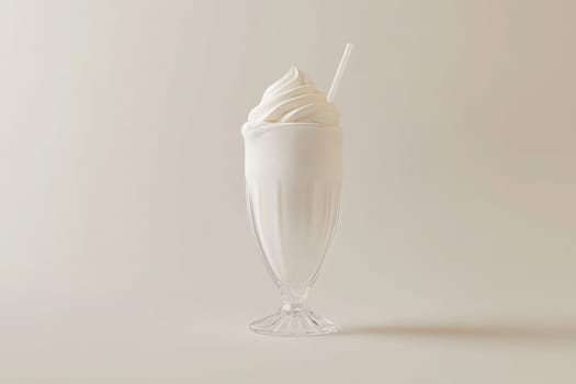 A clean and elegant glass holds a fluffy white milkshake topped with soft cream. The minimalist backdrop enhances the desserts simplicity and charm, inviting a refreshing experience.
