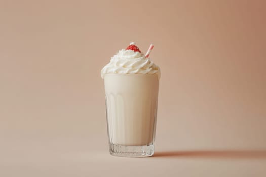 This minimalist milkshake glass filled with a creamy beverage is beautifully topped with whipped cream and a cherry. The soft background enhances its elegant presentation.
