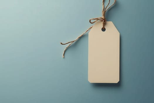 A clean and minimalist price tag hangs from a natural twine on a soft blue background, providing a simple yet elegant way to showcase pricing in retail or market settings.
