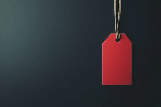 A striking red price tag hangs against a dark background, showcasing a minimalist design ideal for various projects. The simplicity emphasizes its versatility for pricing or labeling items.
