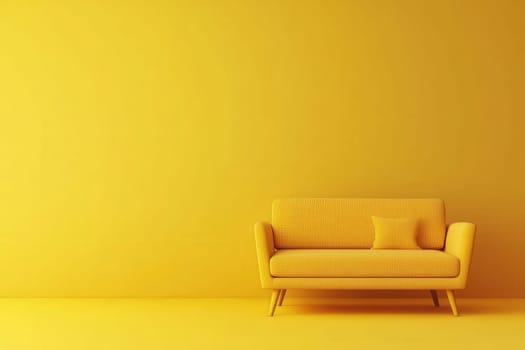 A simple yellow sofa stands isolated in a bold, monochromatic interior highlighted by a matching wall and floor. The minimalistic design emphasizes comfort and style in a modern space.