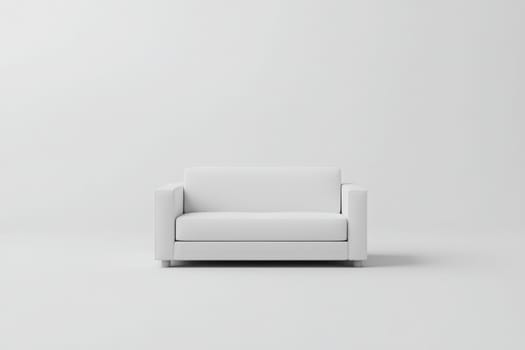 A stylish minimalist sofa stands isolated in the center of a bright room characterized by a clean, white backdrop, creating a serene and modern aesthetic. The simple design highlights elegance.
