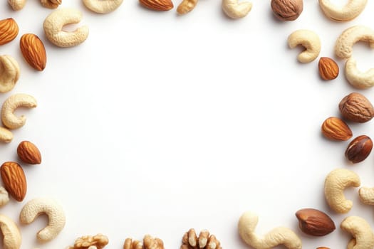 A variety of mixed nuts are neatly arranged in a circular layout against a clean white background, showcasing their different shapes and textures in an appealing manner.