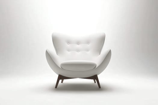 The armchair features a contemporary design with a white upholstery and wooden legs, standing out in a brightly lit, minimalistic environment, ready for relaxation or decoration.