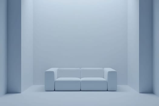 A smooth, light blue room features a minimalist sofa positioned in the center, creating a serene and uncluttered atmosphere perfect for relaxation.