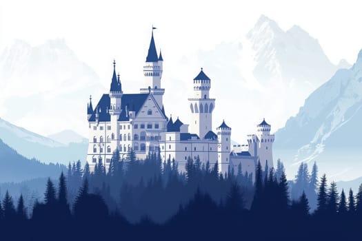 The silhouette of Neuschwanstein Castle stands majestically against a backdrop of mountains. The minimalist style emphasizes tranquil twilight, highlighting the castles architectural details.