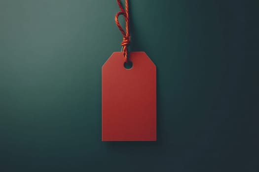A clean red price tag is suspended by a string against a deep green backdrop, exemplifying minimalist design. Its simplicity emphasizes style, perfect for product displays or branding.