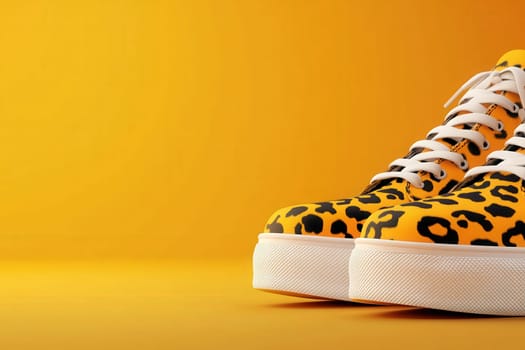 Modern leopard design shoes rest on a clean, solid yellow backdrop, showcasing their bold pattern and stylish appeal, perfect for fashion enthusiasts looking to elevate their look.