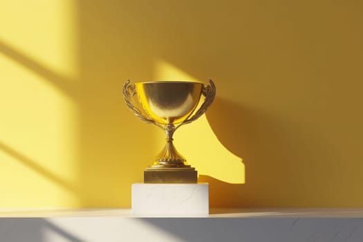A golden trophy with elegant handles sits on a marble pedestal, highlighted by gentle shadows. The yellow wall backdrop adds vibrancy to this minimalist presentation, enhancing its prestige.
